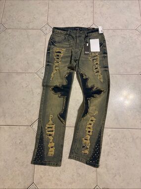 Distressed Straight Men’s Jeans in Olive Green